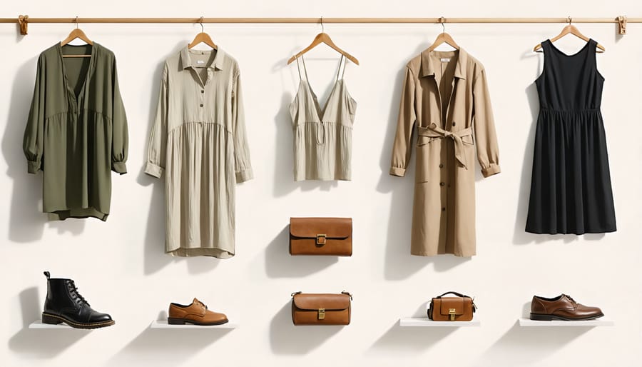 Minimalist clothing rack with small collection of neutral-toned sustainable fashion pieces