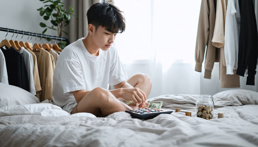 Person sitting on a bed counting cash next to a switched-off calculator, looking toward a minimalist rack of neutral sustainable clothing in soft natural light, with a plant and window softly blurred in the background.