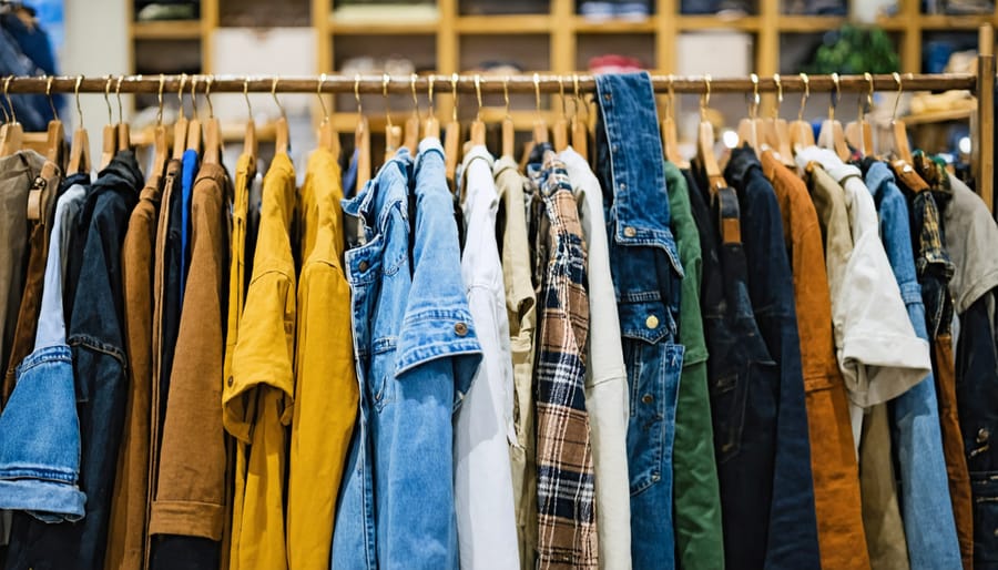 Woman shopping for secondhand clothing at bright modern thrift store