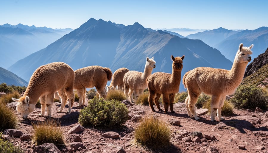 Alpacas standing in a high-altitude pasture in the Peruvian Andes with mountains in the background