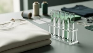 Close-up of a folded T-shirt next to transparent lab test-tube samples on a minimalist surface, representing verified sustainability data rather than vague eco claims.