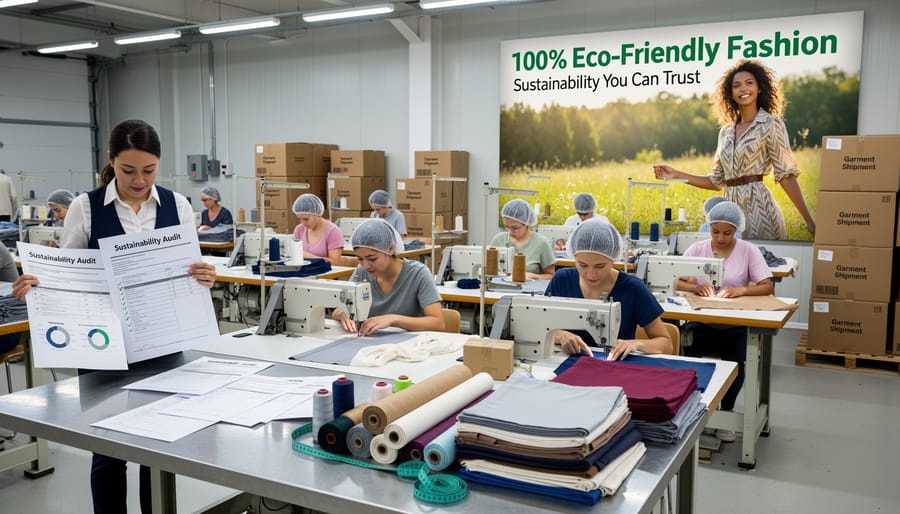Garment workshop interior with sewing machines and hanging clothing racks in natural light