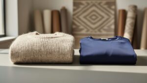 Two garments on a studio surface, featuring a soft alpaca wool sweater alongside a more synthetic-looking fast-fashion piece, emphasizing fabric texture and material differences.