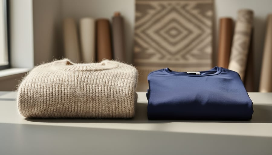 Two garments on a studio surface, featuring a soft alpaca wool sweater alongside a more synthetic-looking fast-fashion piece, emphasizing fabric texture and material differences.