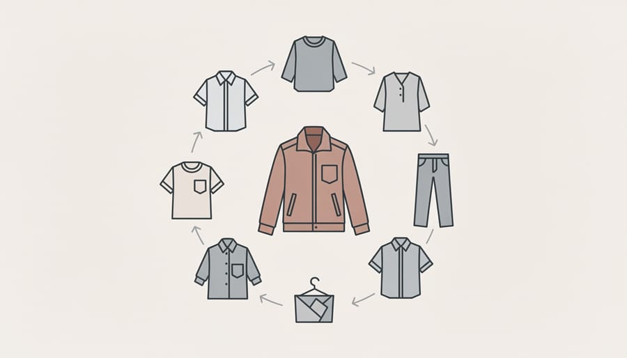 Person wearing a patchwork upcycled jacket while arranging items in a bright wardrobe setting.