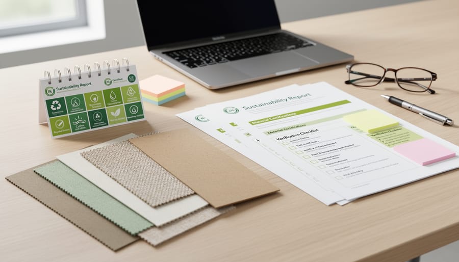 Documents and fabric swatches laid on a wooden table with a smartphone used to review sustainability information
