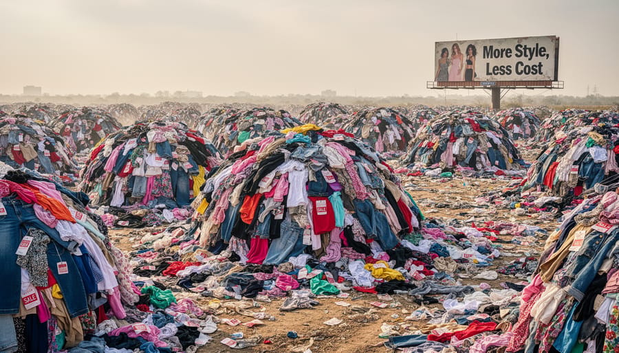 Textile scraps and fabric bales overflowing in an industrial waste facility.