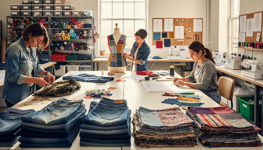 Tailor’s cutting table with deconstructed shirt pieces and fabric offcuts in an upcycling studio.