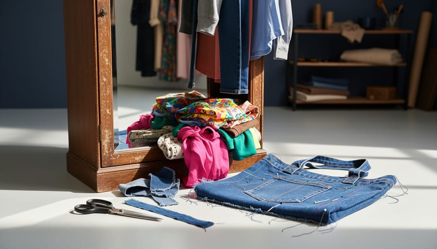 Discarded clothing spills from a wardrobe while denim scraps are upcycled into a tote bag on a clean floor.