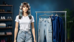Medium shot of a clothing rack and mannequin styled with 2000’s fashion items, including low-rise jeans and a velour tracksuit, with blurred store-like shelves in the background.