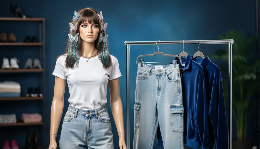 Medium shot of a clothing rack and mannequin styled with 2000’s fashion items, including low-rise jeans and a velour tracksuit, with blurred store-like shelves in the background.