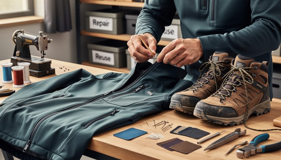 Arc'teryx-style waterproof outdoor jacket and rugged trail shoes on a workshop bench in soft daylight