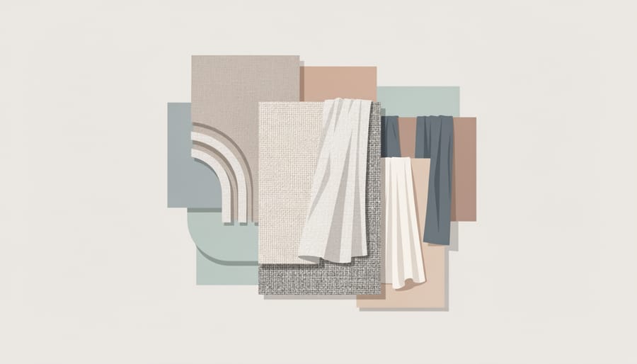 Close-up of a hand holding folded fabrics with different textures over a neutral studio background