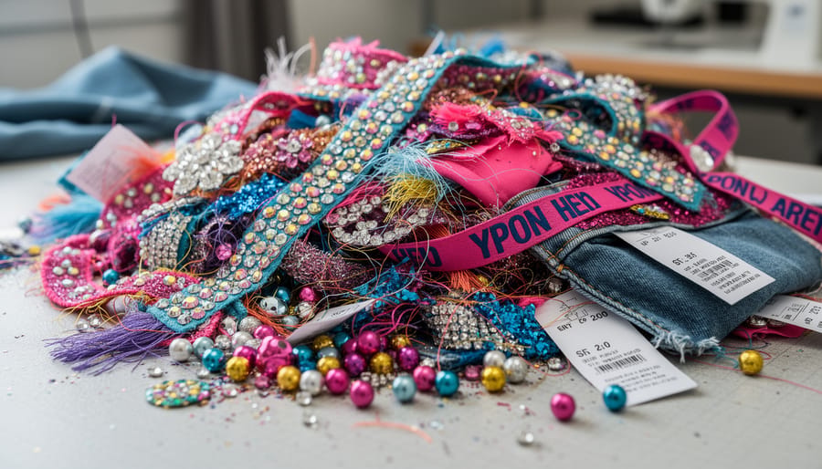 Close-up of discarded rhinestone and embellished clothing fragments on the ground