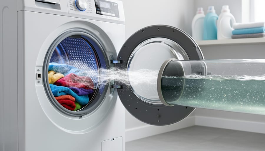Close-up of fabric swatches near a washing machine with visible water droplets and runoff in a basin