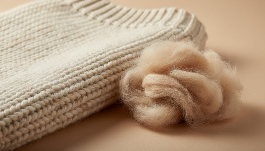 Close-up of merino fabric texture with natural wool fibers on a wooden fence in soft morning light