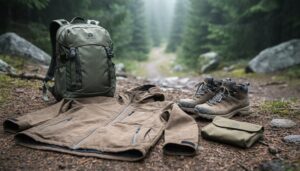 Earth-toned outdoor jacket, backpack, and trekking shoes with a small repair kit on a forest floor, suggesting durable, sustainable apparel for adventurers