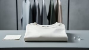 Close-up of a folded minimalist T-shirt with fabric swatches and a translucent water droplet on a clean worktable, symbolizing sustainability evaluation and microplastics concerns.