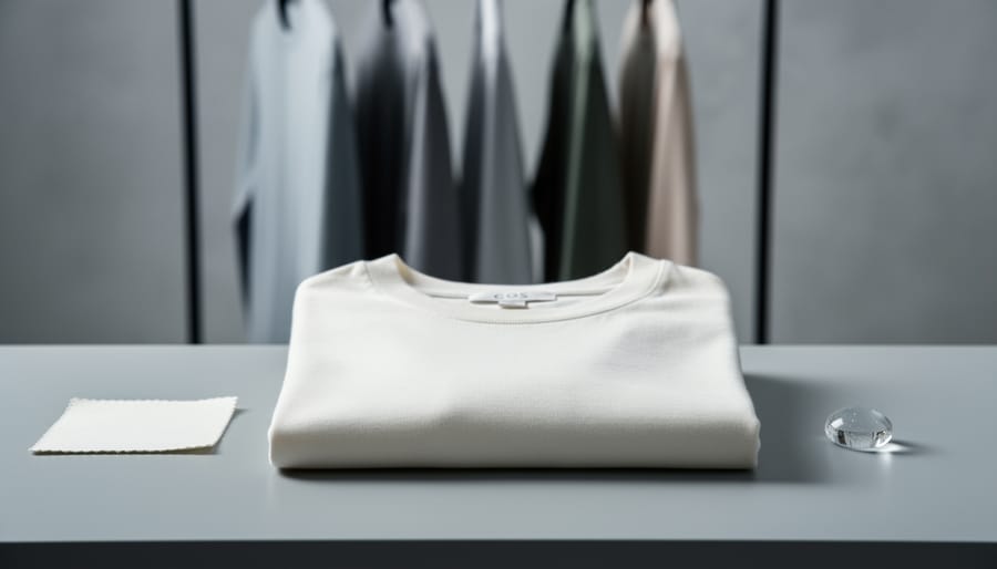 Close-up of a folded minimalist T-shirt with fabric swatches and a translucent water droplet on a clean worktable, symbolizing sustainability evaluation and microplastics concerns.