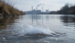 Close-up of synthetic fabric fibers shedding into a shallow stream, with microplastic-like particles suspended in the water.