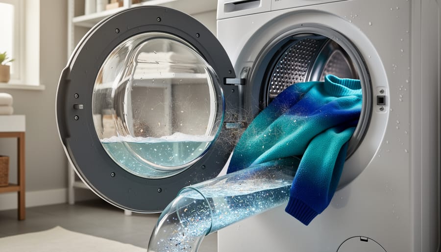 Fine fibers shedding from a synthetic hoodie into cloudy wash water in a sink drain.