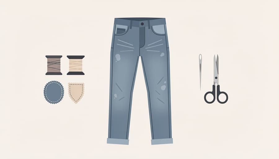 Hands holding patchwork distressed jeans on a vintage wooden table with sewing supplies