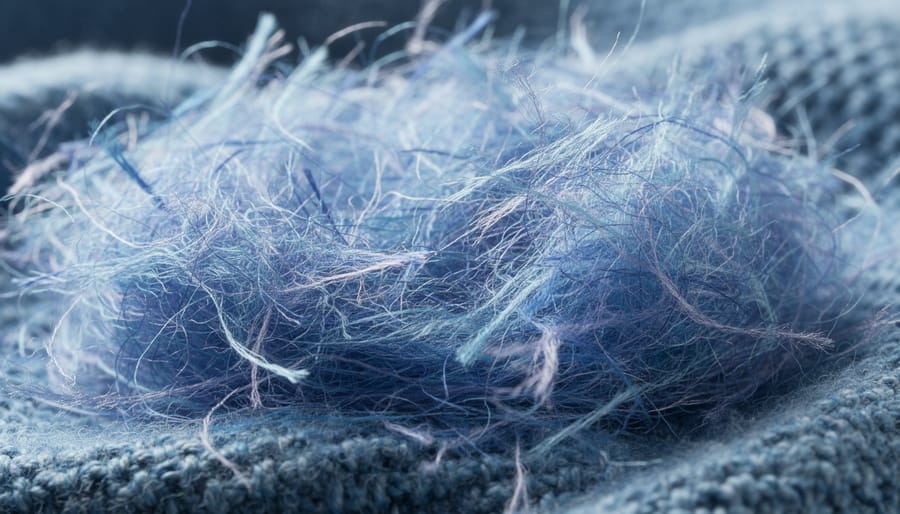 Macro close-up of fine synthetic microfibers on a wet surface next to a polyester fabric swatch.