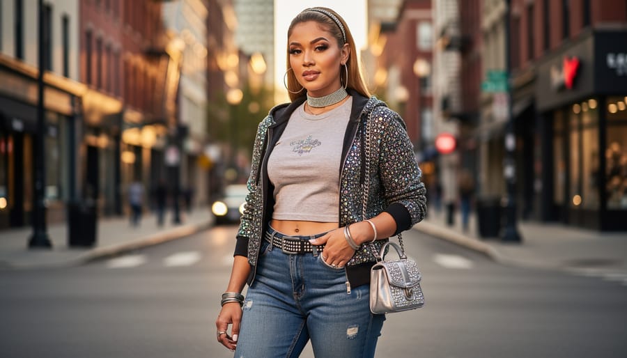 Model wearing low-rise jeans and a rhinestone-studded cropped top in a fashion-forward early-2000s style