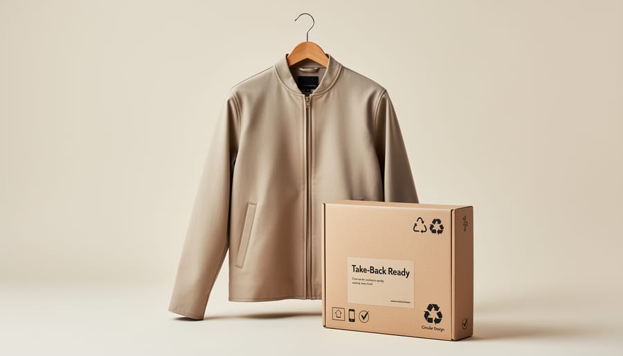 Mono-material outdoor jacket draped in a loop beside take-back packaging in soft daylight