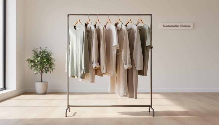 Neatly arranged neutral-toned clothing on a minimalist garment rack in a modern retail store
