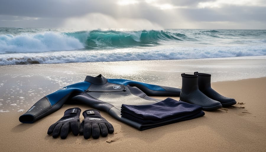 Outdoor jacket laid on wet sand near waves emphasizing cold-water readiness