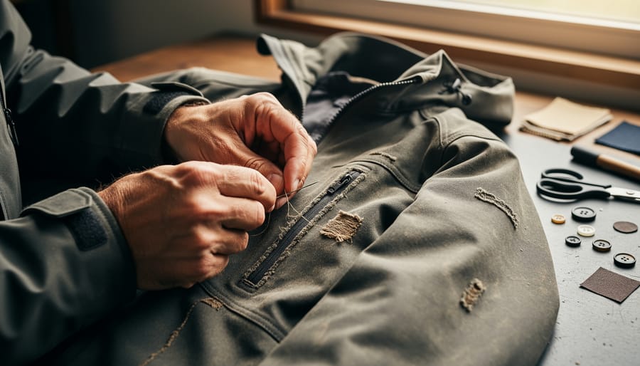 Person hand-sewing a worn fleece outdoor jacket repair outdoors