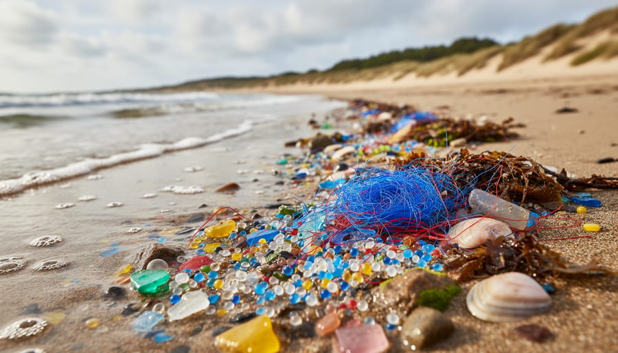 Rocky shoreline with thread-like synthetic debris near seaweed and churning ocean water.