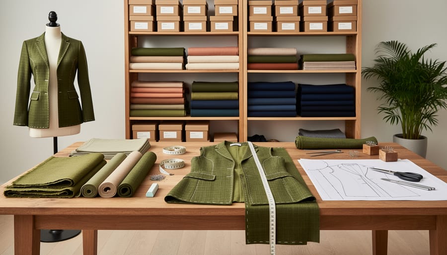 Technical outdoor jacket and organic-style fabric bolts arranged on a workshop table