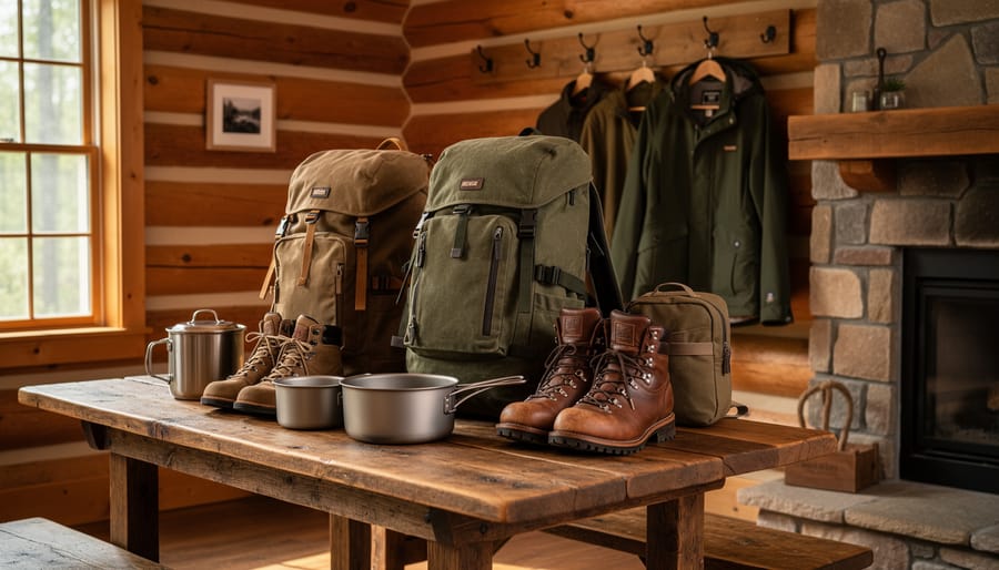 Waxed jacket and canvas backpack displayed on a wooden cabin floor with birch logs nearby