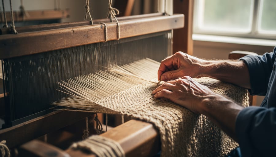 Artisan hands weaving natural fibers on a traditional wooden loom