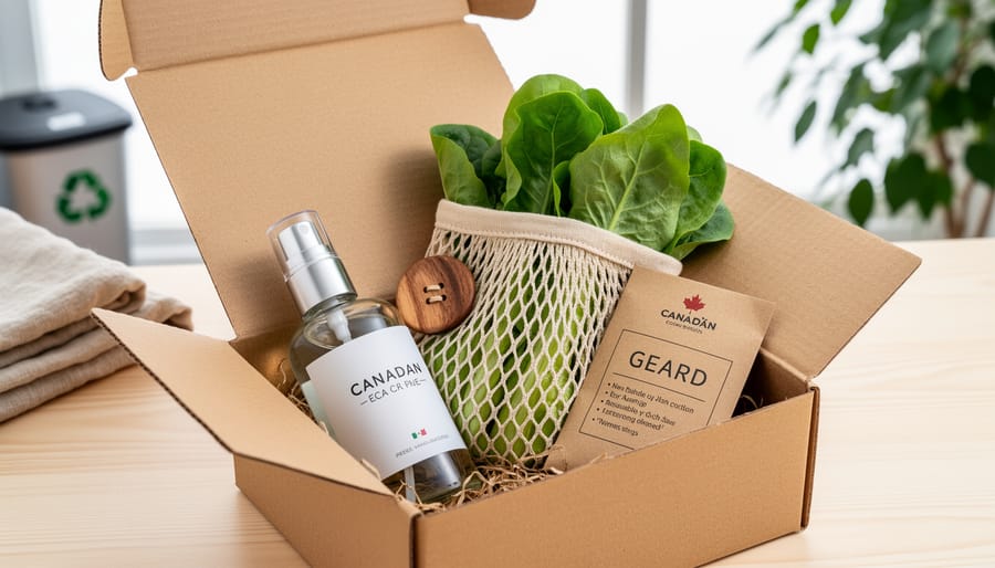 “Open kraft cardboard subscription box on a wooden table with refillable glass skincare, reusable produce bag, seed packet, and sustainable fashion accessory.”