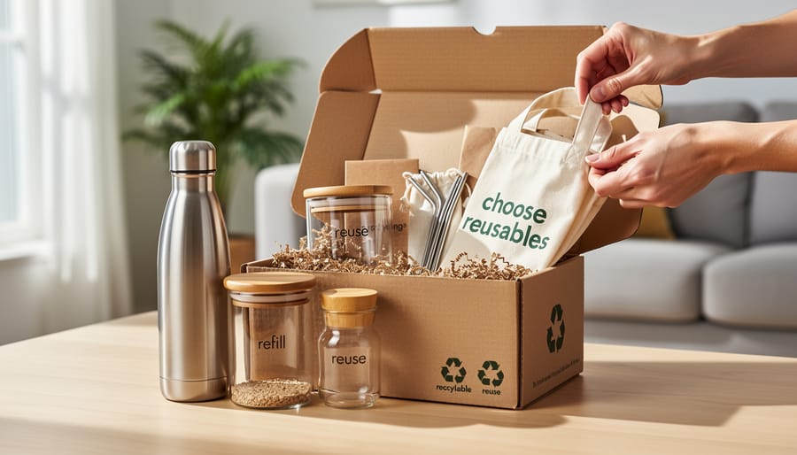 Person unboxing an eco-conscious subscription box with recyclable packaging and items laid out on a kitchen counter