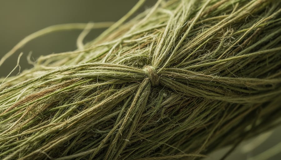 Magnifier inspecting plant fiber strands laid on natural fabric