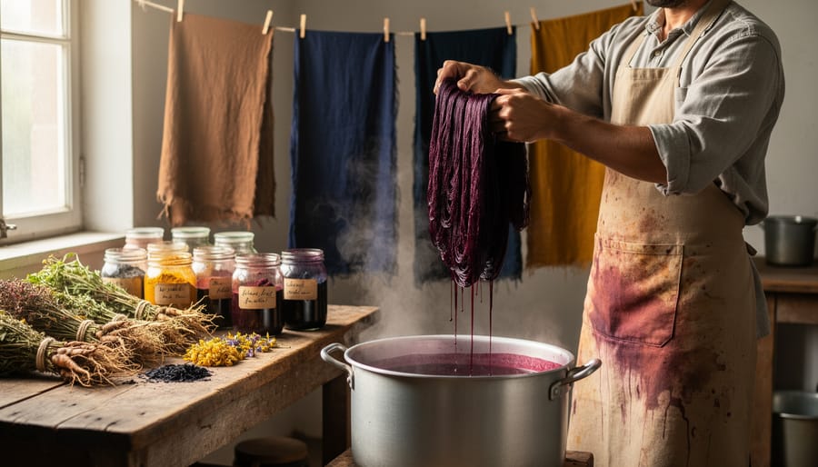 Close-up of natural plant dye in a bowl with plant stems and a wooden stirring paddle