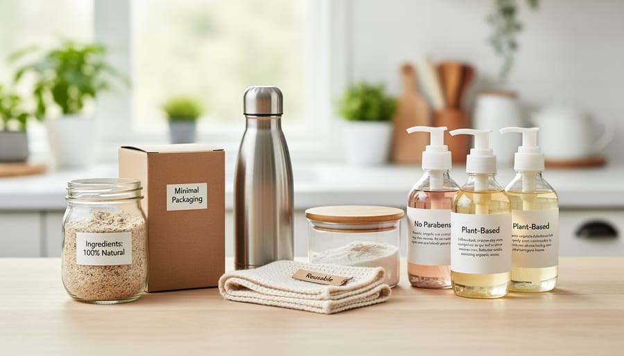 Overhead view of plastic-free paper packaging and eco-friendly personal care items on a tabletop