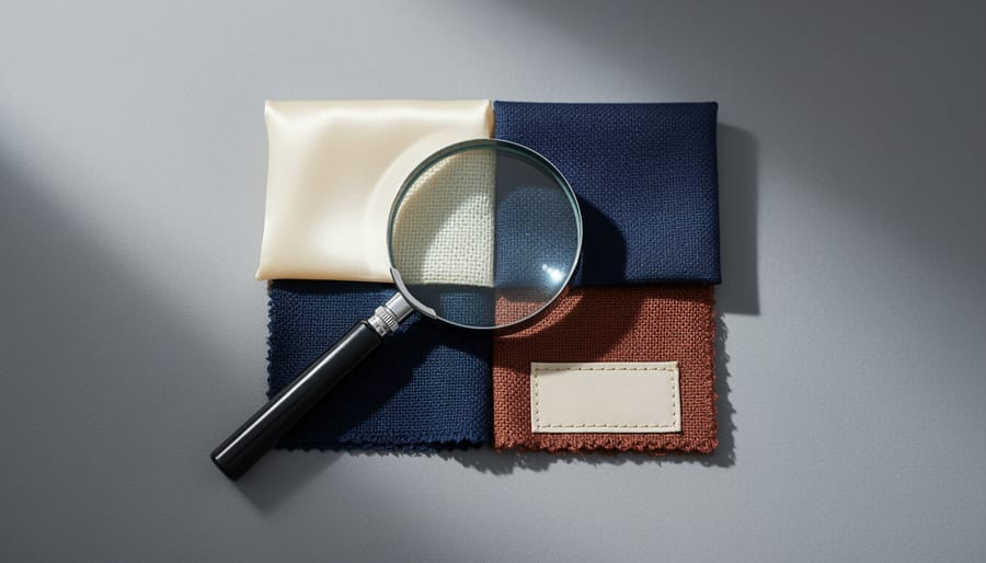 “Fashion fabric swatches with a small garment label tag and a magnifying glass, styled to represent sustainability research and transparency.”