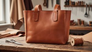 Close-up of a hand-stitched leather tote bag on a wooden workbench with shears and waxed thread in a softly lit workshop.