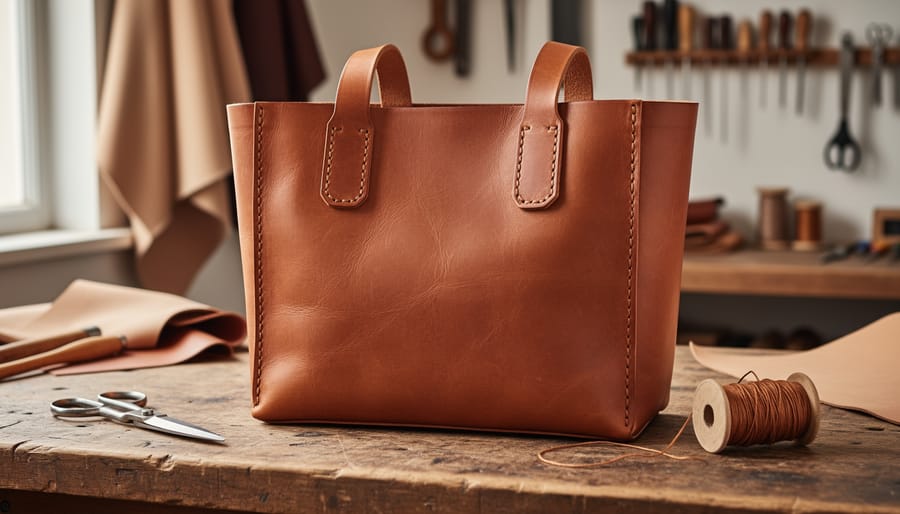 Close-up of a hand-stitched leather tote bag on a wooden workbench with shears and waxed thread in a softly lit workshop.