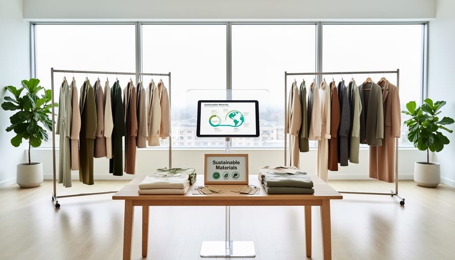 A woman’s clothing rack with neatly hung garments in a softly lit showroom.