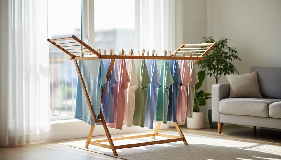 Hands hanging freshly washed clothes on a drying rack in a sunlit home