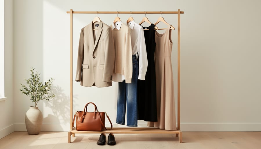 A capsule wardrobe with folded denim, wool, cotton clothing on a wooden surface