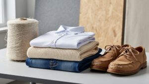 Garments and reclaimed textile fibers arranged in a studio, symbolizing reuse and repair in a circular economy for fashion.