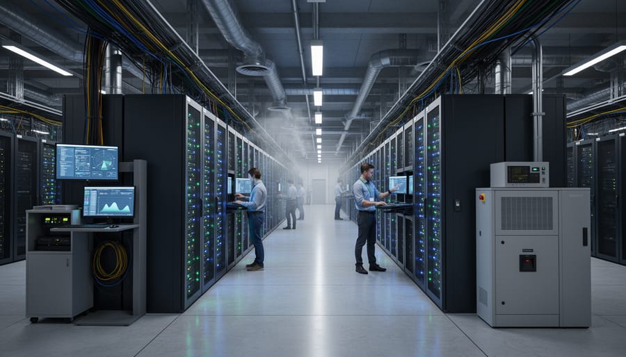 Modern data center exterior with cooling systems and ventilation units at dusk