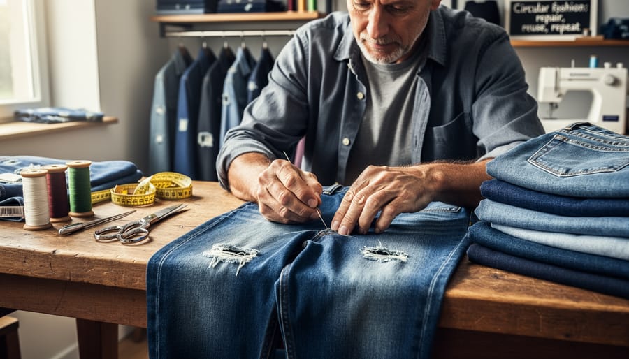 Close-up of a tailor’s hands sewing a worn denim jacket on a workbench in a repair workshop